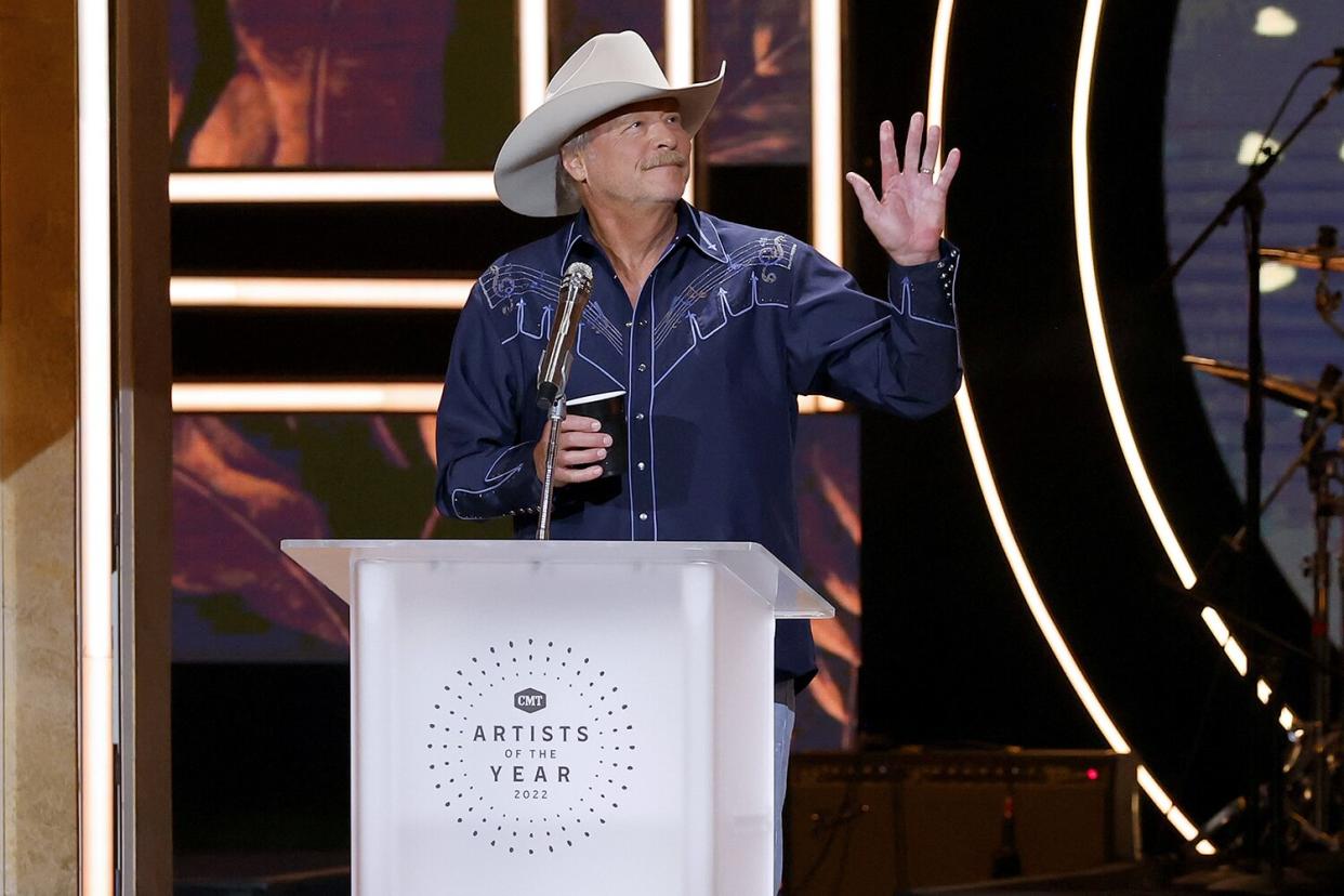 NASHVILLE, TENNESSEE - OCTOBER 12: In this photo released on October 14, 2022, Alan Jackson performs onstage during the 2022 CMT Artists of the Year at Schermerhorn Symphony Center on October 12, 2022 in Nashville, Tennessee. (Photo by Jason Kempin/Getty Images for CMT)