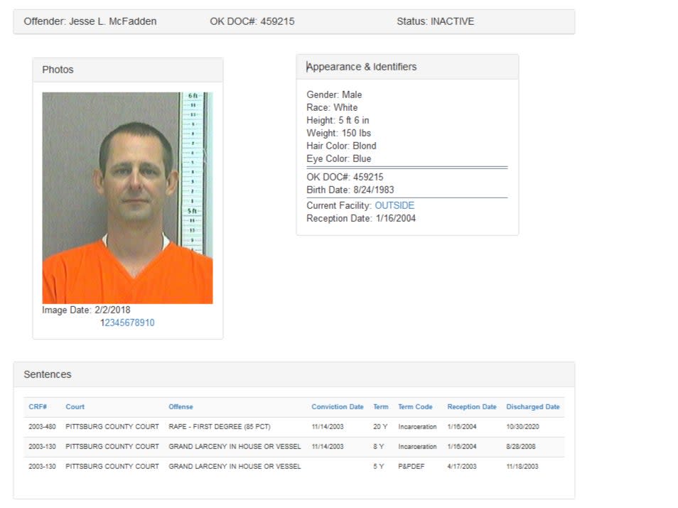 A prison record for Jesse McFadden (Oklahoma Department of Corrections)