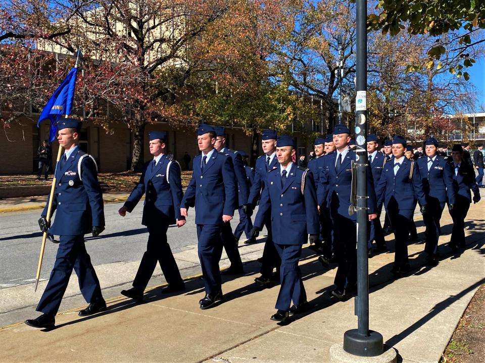 University of Missouri ROTC cadets on Friday march to Memorial Union for a Veterans Day ceremony.