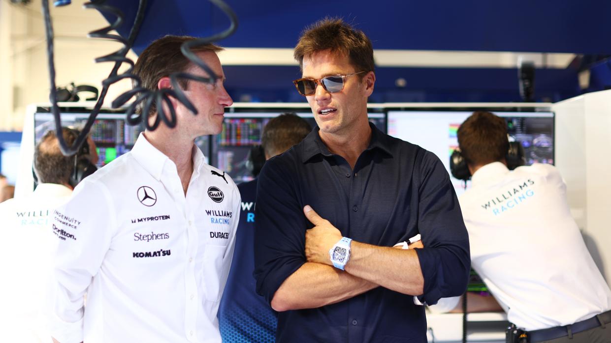 Tom Brady looks on in the Williams garage during practice ahead of Miami Grand Prix on May 3, 2024.
