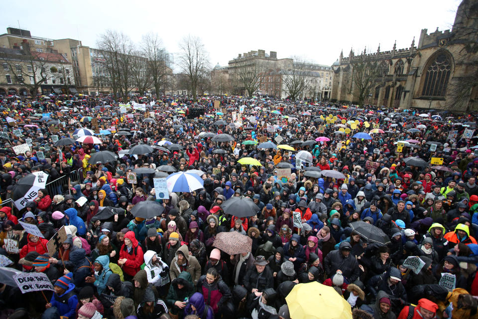 A huge crowd gathers in front of the Council House in Bristol on Friday, where climate campaigner Greta Thunberg gave a speech to climate change protestors. (SWNS)