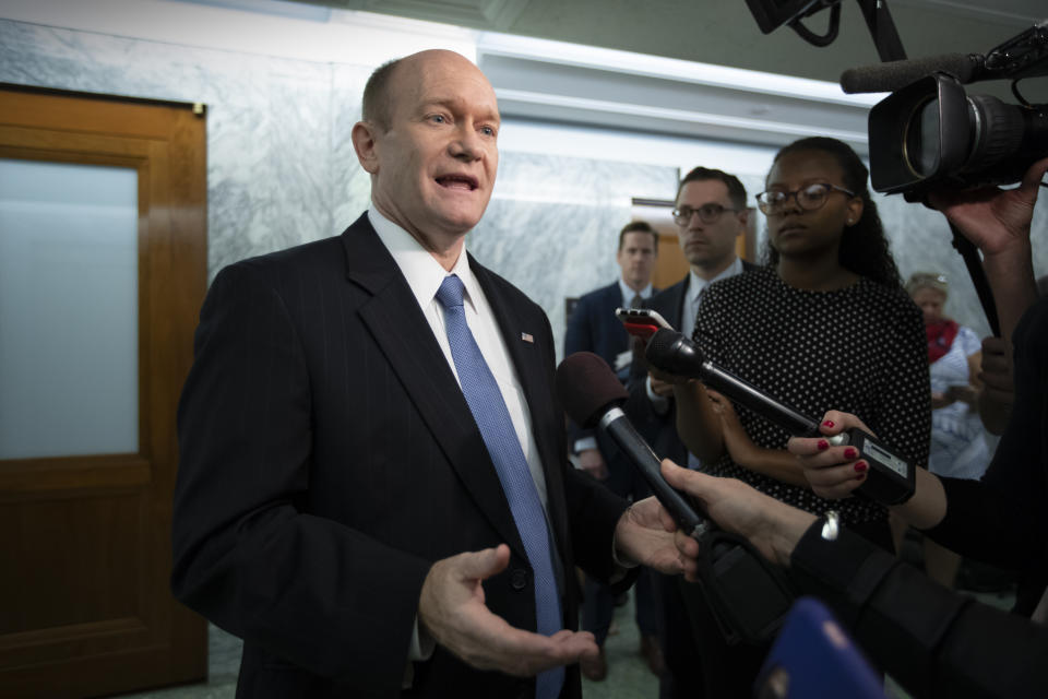 Sen. Chris Coons speaks with reporters about President Trump’s diplomatic moves, in Washington, D.C., on June 12, 2018. (Photo: J. Scott Applewhite/AP)