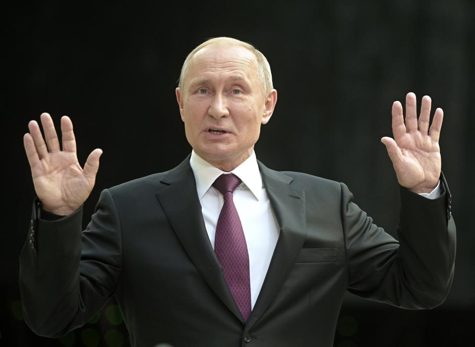 Russian President Vladimir Putin gestures answers a question after his annual call-in show in Moscow, Russia, Thursday, June 20, 2019. Putin hosts call-in shows every year, which typically provide a platform for ordinary Russians to appeal to the president on issues ranging from foreign policy to housing and utilities. (AP Photo/Alexander Zemlianichenko)