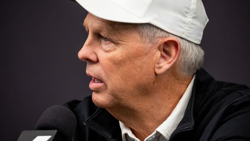 Utah Jazz CEO Danny Ainge speaks during an end-of-season press conference at the Zions Bank Basketball Campus in Salt Lake City on Wednesday, April 12, 2023. Ainge has a lot to think about as the 2023 NBA draft nears.