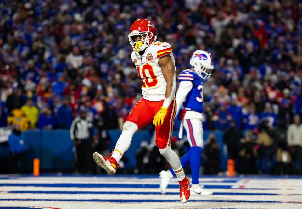 Jan 21, 2024; Orchard Park, New York, USA; Kansas City running back Isiah Pacheco (10) celebrates after scoring a touchdown in the second half against the Buffalo Bills for the 2024 AFC divisional round game at Highmark Stadium. Mandatory Credit: Mark J. Rebilas-USA TODAY Sports