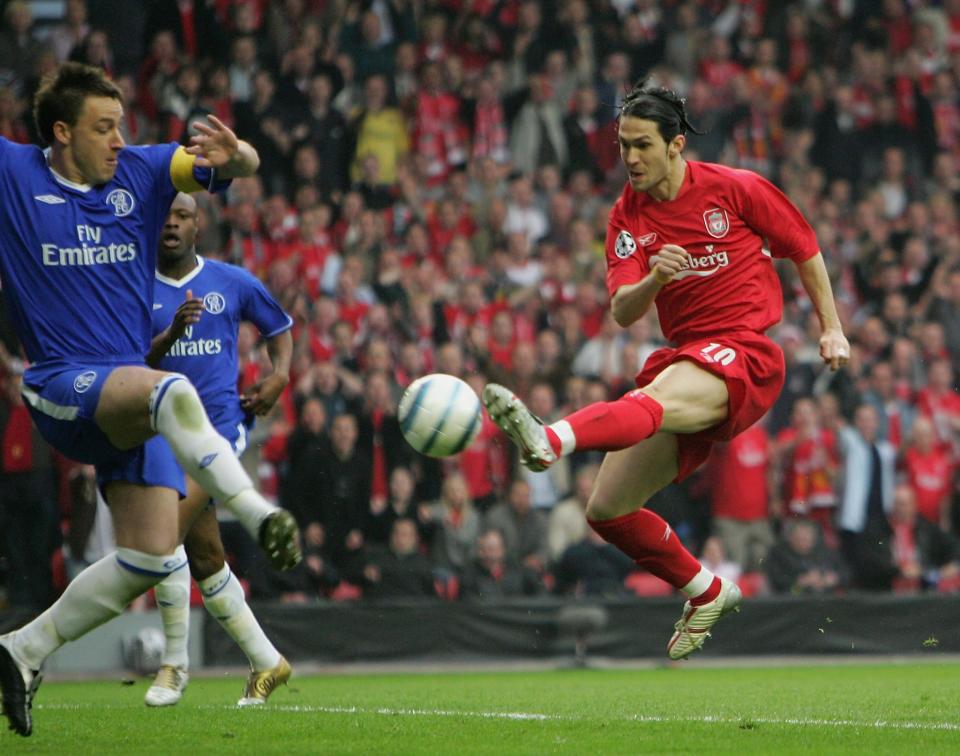 <p>Liverpool’s Luis Garcia scuffs the ball goalward against Chelsea in the 2005 Champions League semi-final… </p>