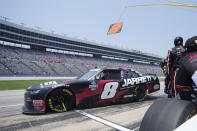 Josh Berry (8) pulls out of pit stop during the NASCAR Xfinity Series auto race at Texas Motor Speedway in Fort Worth, Texas, Saturday, May 21, 2022. (AP Photo/LM Otero)