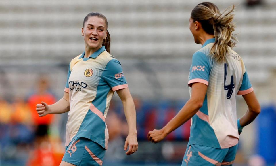 <span>Jess Park celebrates scoring Manchester City’s second goal before also netting their fourth.</span><span>Photograph: Stéphanie Lecocq/Reuters</span>