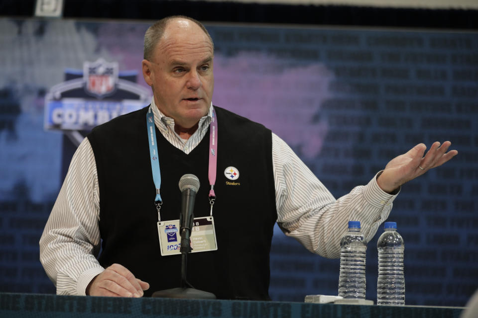 Pittsburgh Steelers general manager Kevin Colbert speaks during a press conference at the NFL football scouting combine in Indianapolis, Wednesday, Feb. 27, 2019. (AP Photo/Michael Conroy)