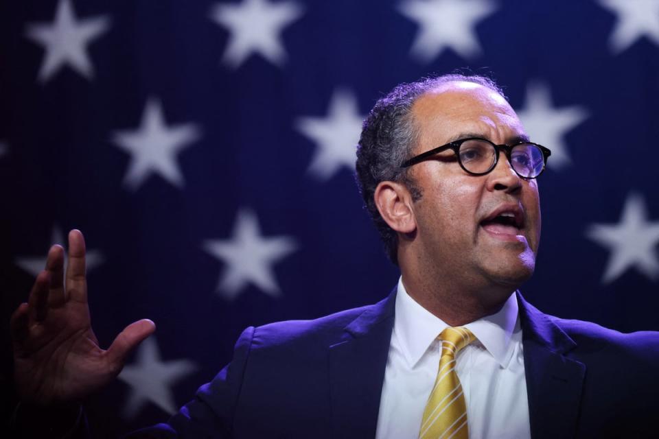 Republican presidential candidate Will Hurd speaks at the Republican Party of Iowa's Lincoln Day Dinner in Des Moines, Iowa, U.S., July 28, 2023 (REUTERS)