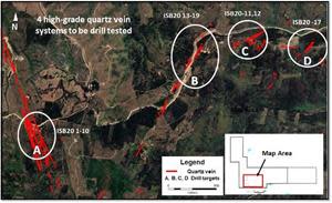 Isabella Gold Project drill target areas and completed drill holes in each area