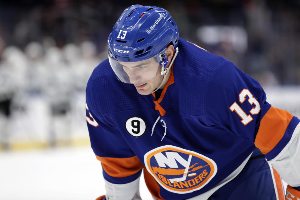 New York Islanders center Mathew Barzal reacts late in the third period of an NHL hockey game against the Los Angeles Kings on Thursday, Jan. 27, 2022, in Elmont, N.Y. The Kings won 3-2. (AP Photo/Adam Hunger)