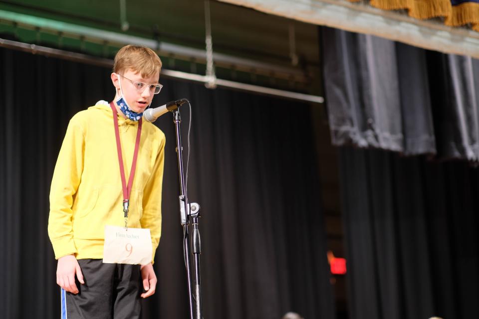 Runner up in the Potter County Spelling Bee Finn Archer of  De Zavala Middle School  correctly spells his word to move on to the next round of the competition Thursday.