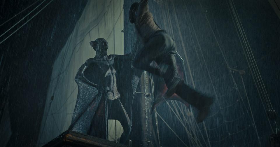 Dracula (Javier Botet, left) tussles with sailor Clemens (Corey Hawkins) in the horror film "The Last Voyage of the Demeter," based on a chapter from Bram Stoker's "Dracula."