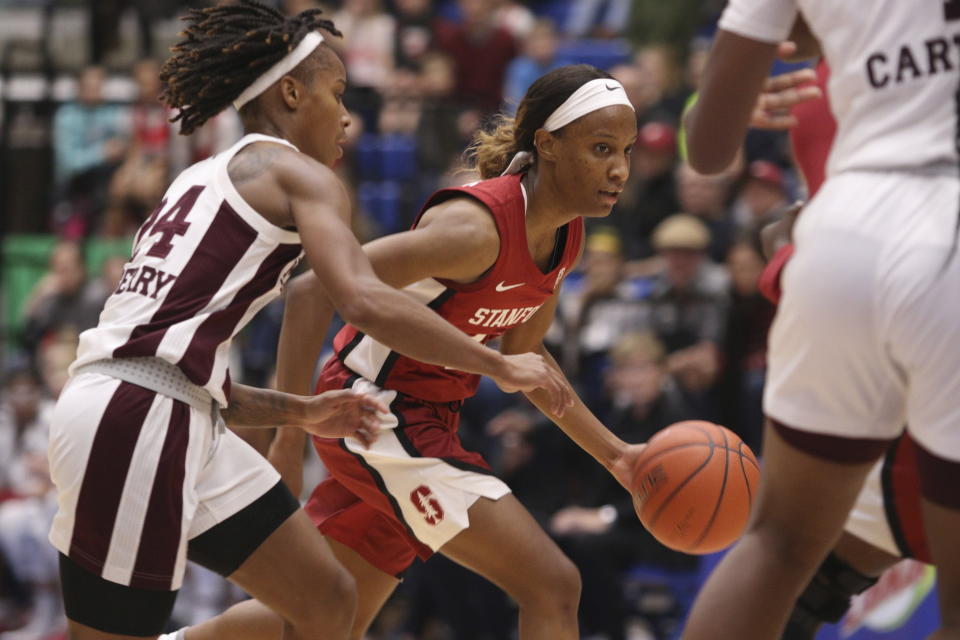 Stanford's Kiana Williams works her way up court against Mississippi State's Jordan Danberry Jordan Danberry