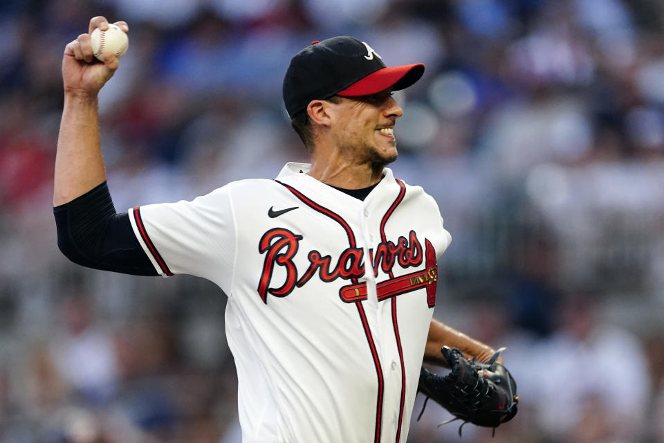 Atlanta Braves starting pitcher Charlie Morton works against the Washington Nationals during the first inning of a baseball game Tuesday, Sept. 20, 2022, in Atlanta. (AP Photo/John Bazemore)