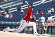 Washington Nationals pitcher Josiah Gray delivers the ball to the Miami Marlins during the first inning of a baseball game, Sunday, Sept. 3, 2023, in Washington. (AP Photo/Luis M. Alvarez)