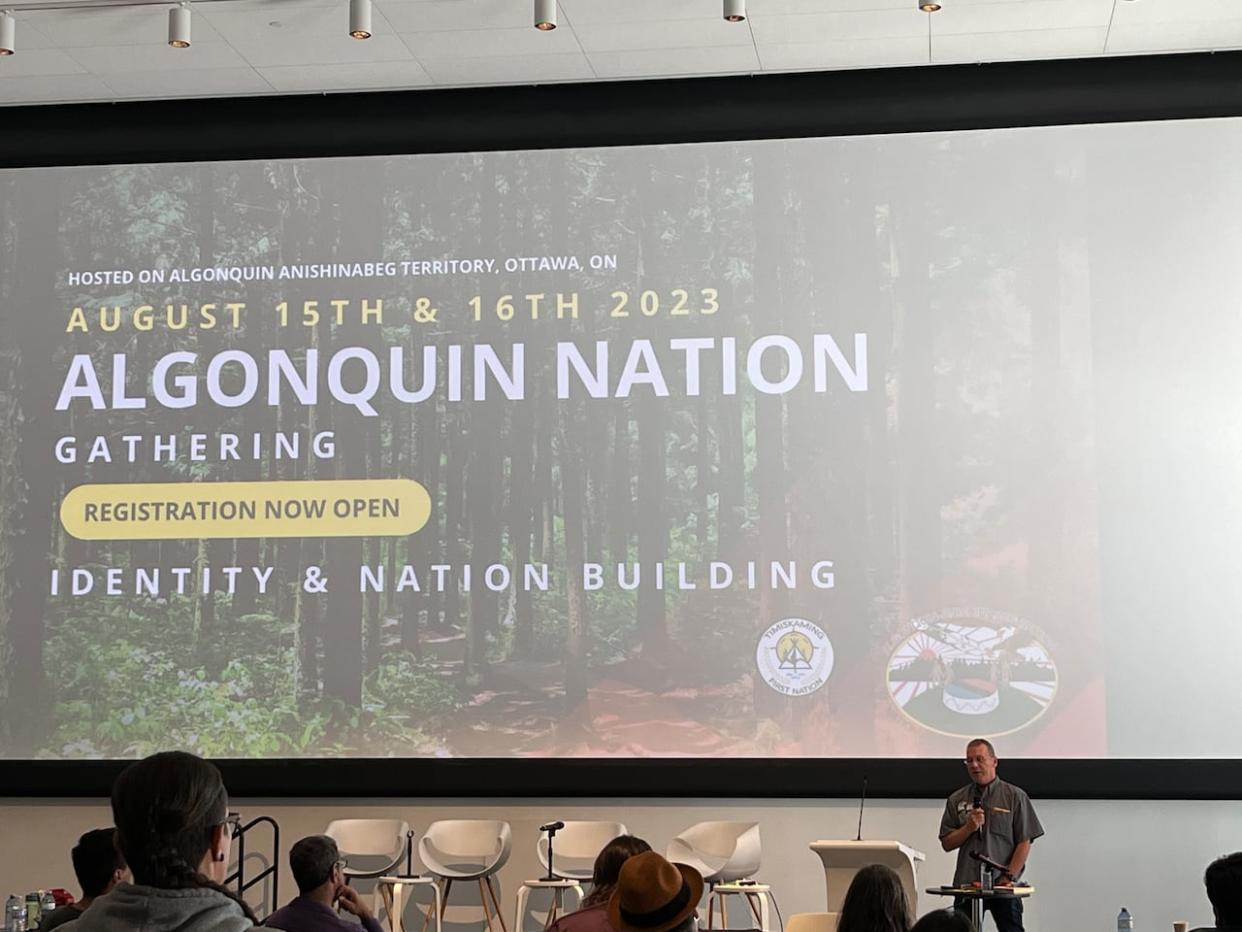 Kebaowek First Nation Chief Lance Haymond speaks at the Ottawa Art Gallery on Aug. 16, 2023.   (Brett Forester/CBC - image credit)