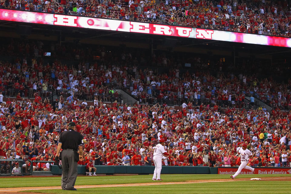 ST. LOUIS, MO - MAY 25: Rafael Furcal #15 of the St. Louis Cardinals rounds third base after hitting a solo home run against the Philadelphia Phillies at Busch Stadium on May 25, 2012 in St. Louis, Missouri. (Photo by Dilip Vishwanat/Getty Images)