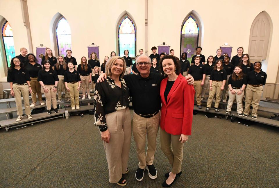 April 17, 2024; Tuscaloosa, AL, USA; Doff Procter and his wife Laurel are retiring from directing the Alabama Choir School. The Procters pose for a photo with new director Leah Durham.