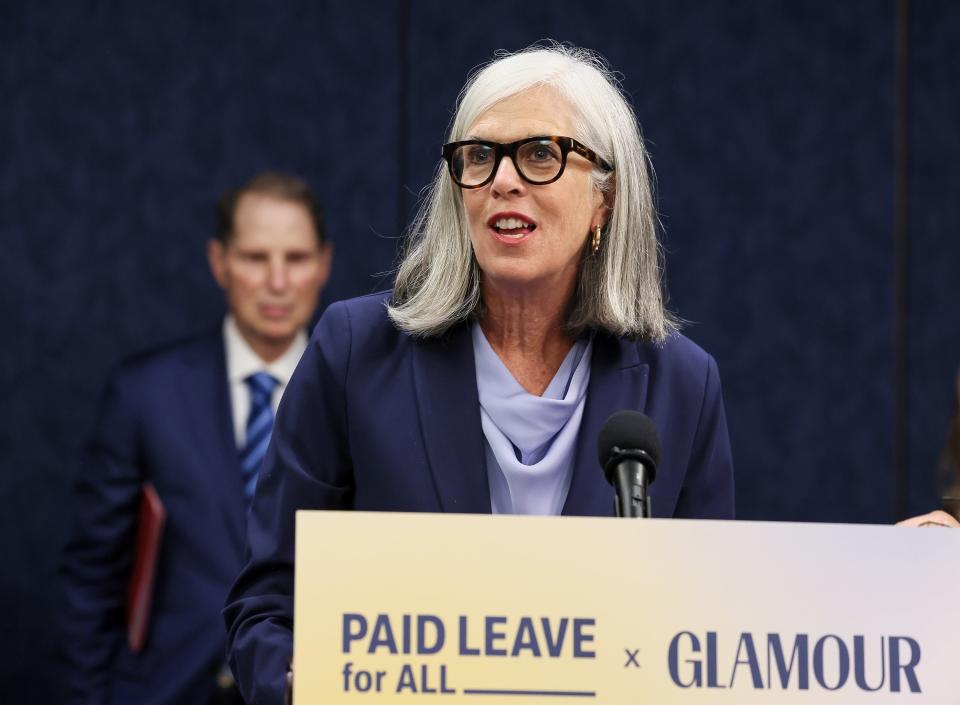 Katherine Clark speaks during a rally for Paid Leave for All at the US Capitol on July 10 (Photo by Jemal Countess/Getty Images for Paid Leave for All Action)