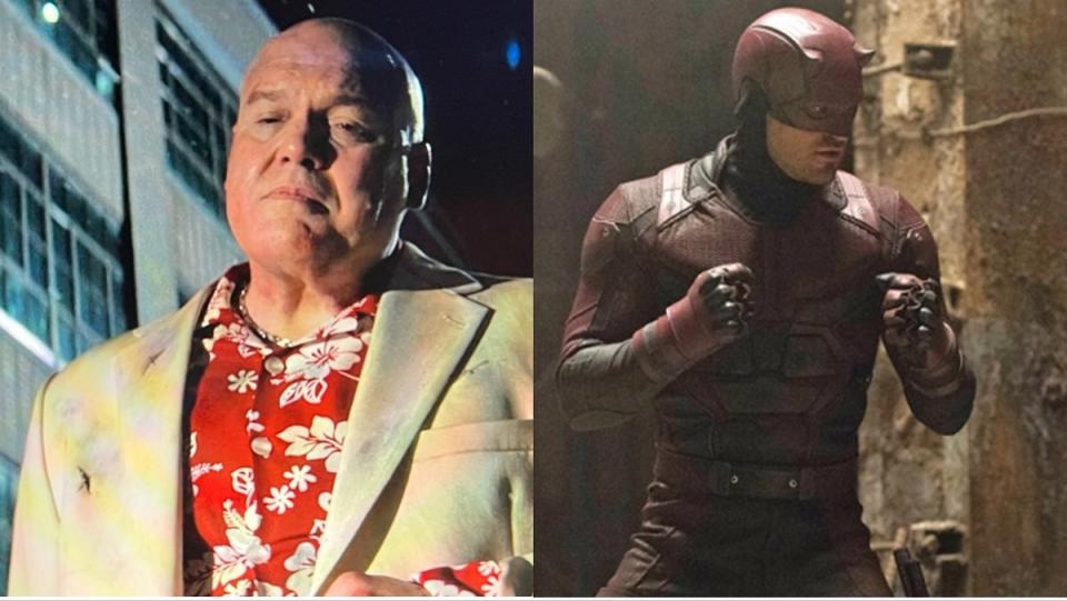 Vincent D'Onofrio as Wilson Fisk in Hawkeye, and Charlie Cox as Matt Murdock in the Netflix Daredevil series.