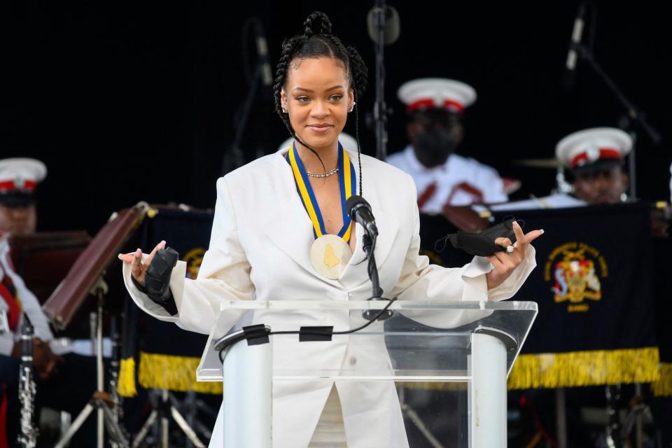 Rihanna Fenty speaks after becoming Barbados 11th National Hero during the National Honors ceremony and Independence Day Parade in Bridgetown, Barbados, on November 30, 2021.