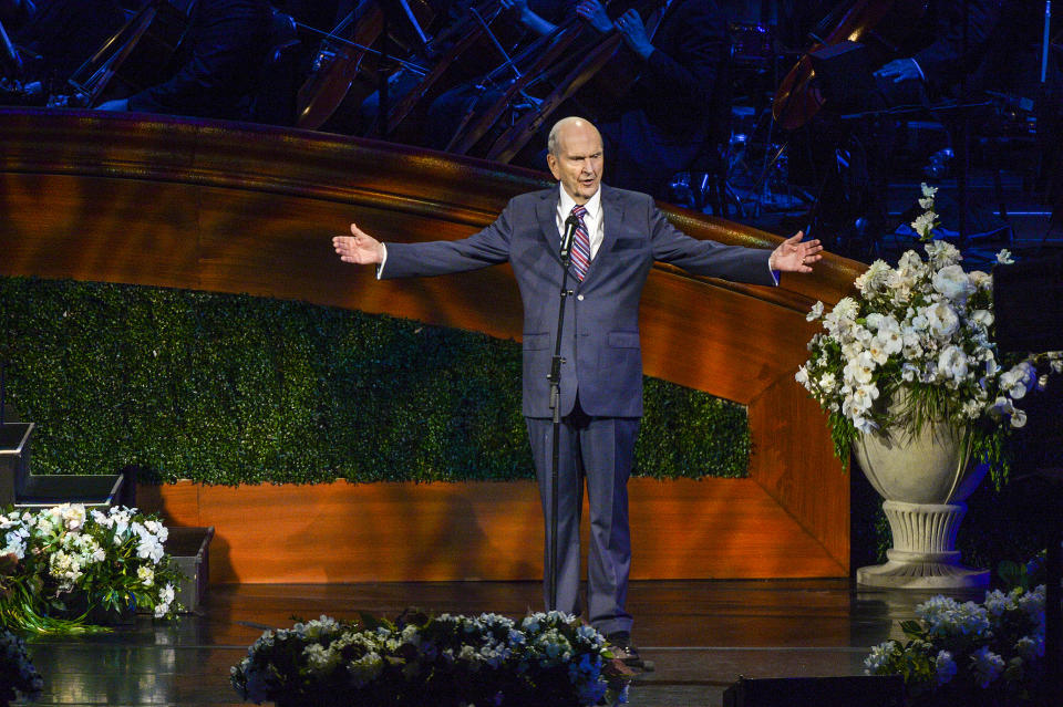 The Church of Jesus Christ of Latter-Day Saints President Russell M. Nelson addresses the congregation at the close of the gala celebrating his 95th birthday at The Church of Jesus Christ of Latter-Day Saints Conference Center Friday, Sept. 6, 2019, in Salt Lake City. Nelson has been a transformative president since he took over in January 2018. (Leah Hogsten/The Salt Lake Tribune via AP)