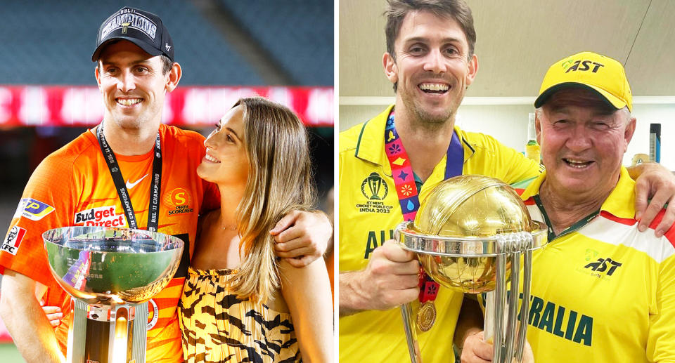 Pictured Mitch Marsh with his wife Greta left and with his father Geoff right