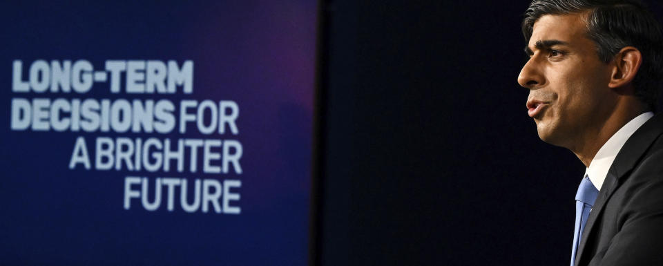 Britain's Prime Minister Rishi Sunak delivers a speech during a press conference on the net zero target, at the Downing Street Briefing Room, in central London, Wednesday Sept. 20, 2023. Prime Minister Rishi Sunak is preparing to water down some of Britain's environmental commitments, saying the country must fight climate change without penalizing workers and consumers. (Justin Tallis/Pool via AP)