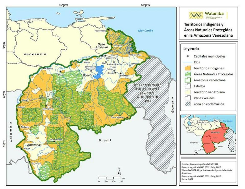 Áreas protegidas y territorios indígenas en la Amazonía venezolana. <a href="https://watanibasocioambiental.org/territorios-indigenas-y-areas-naturales-protegidas-en-la-amazonia-venezolana/" rel="nofollow noopener" target="_blank" data-ylk="slk:Wataniba;elm:context_link;itc:0;sec:content-canvas" class="link ">Wataniba</a>