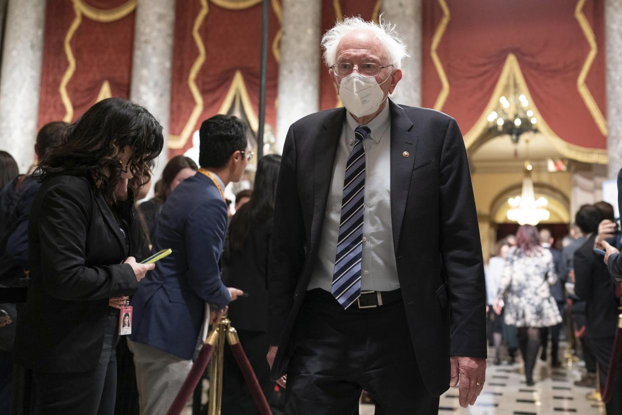 Sen. Bernie Sanders, I-Vt., leaves the House Chamber after President Joe Biden's State of the Union address to a joint session of Congress at the Capitol, Tuesday, Feb. 7, 2023, in Washington. (AP Photo/Jose Luis Magana)