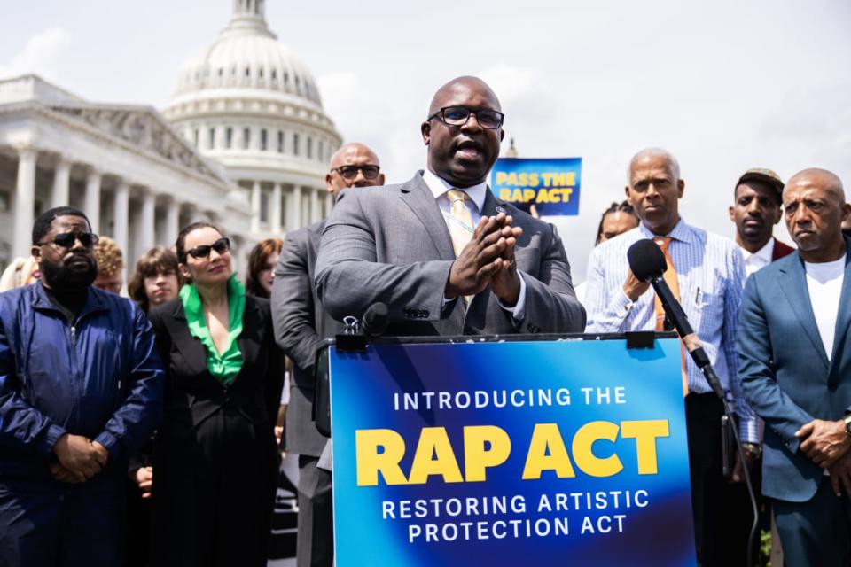 UNITED STATES – APRIL 27: Rep. Jamaal Bowman, D-N.Y., speaks during a news conference outside the U.S. Capitol on the reintroduction of the Restoring Artistic Protection (RAP) Act, on Thursday, April 27, 2023. The legislation aims to “protect artists from the use of their lyrics against them as legal evidence in criminal and civil cases.”(Tom Williams/CQ-Roll Call, Inc via Getty Images)