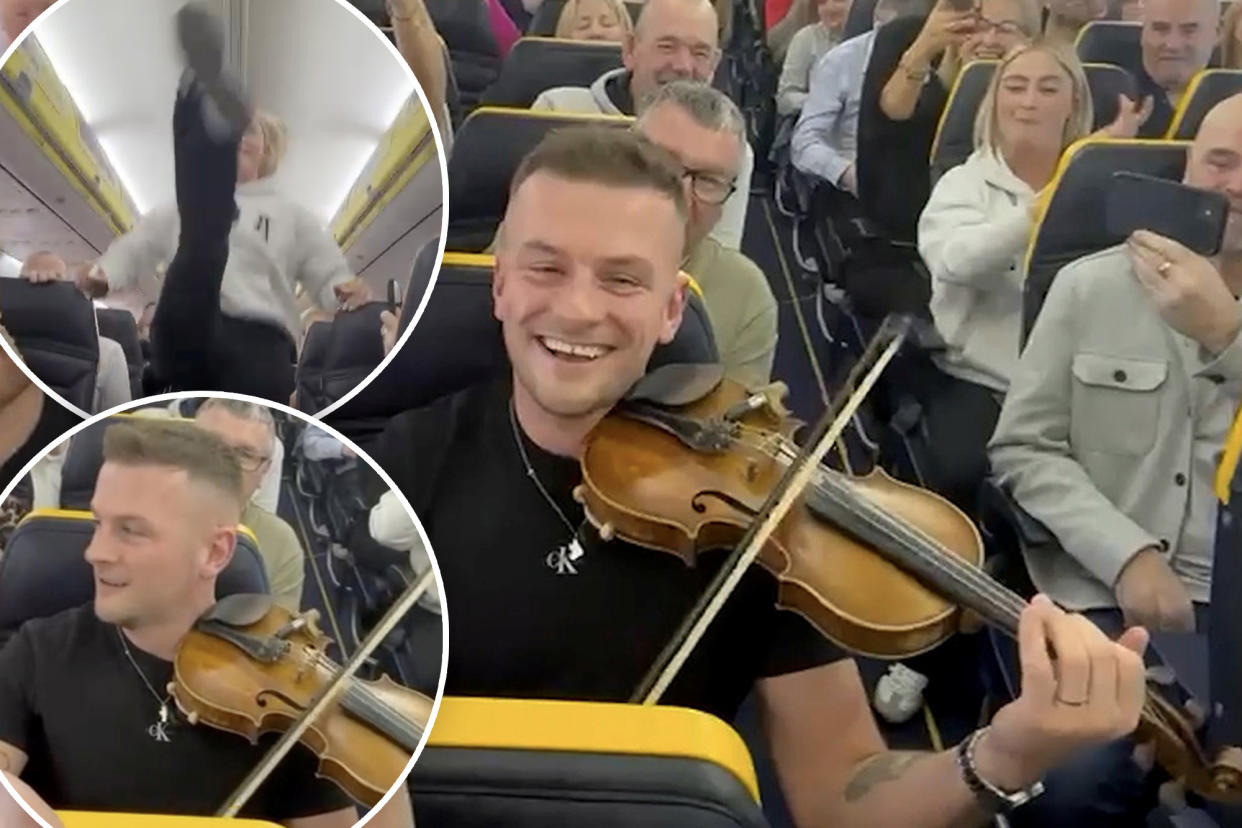 It was a first class flight to funkytown. A Ryanair flight resembled a folk concert at 30,000 feet after an Irish musician whipped out his fiddle and started playing to the delight of fellow passengers.