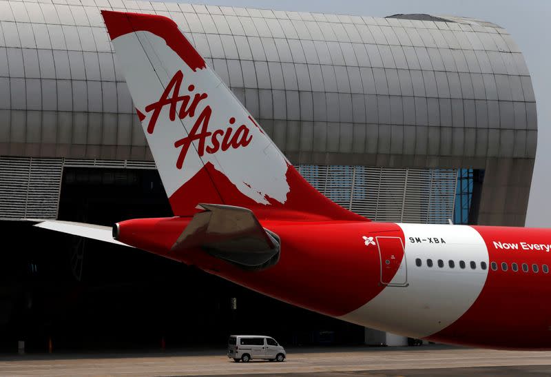 FILE PHOTO: Tail of AirAsia X plane as seen at the Garuda Maintenance Facility AeroAsia in Tangerang