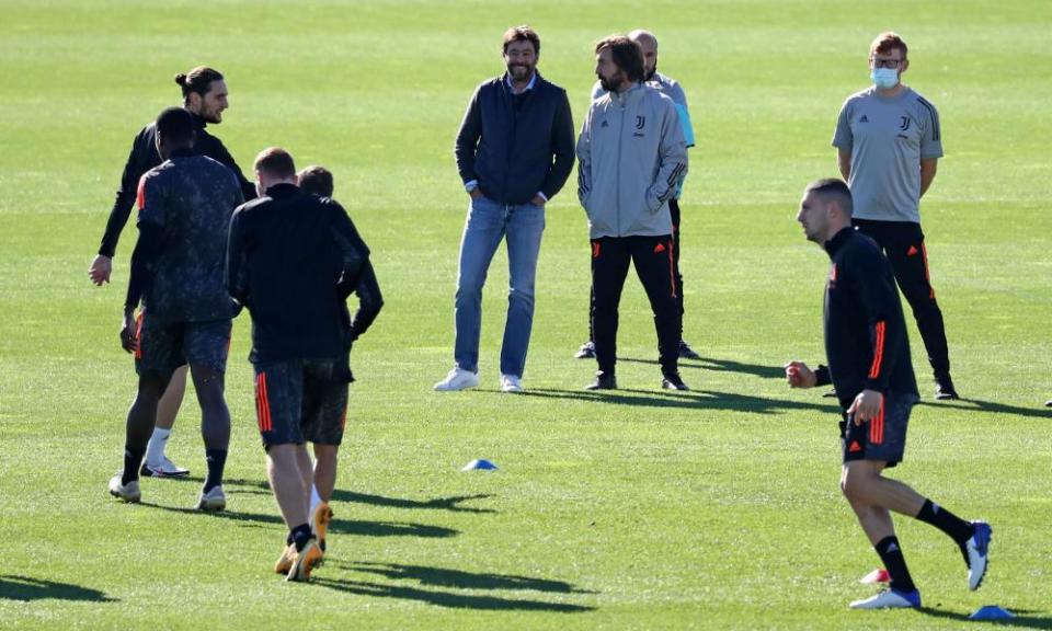 Andrea Agnelli, Juventus’s CEO, talks to Andrea Pirlo at training for a Champions League game against Barcelona in October 2020