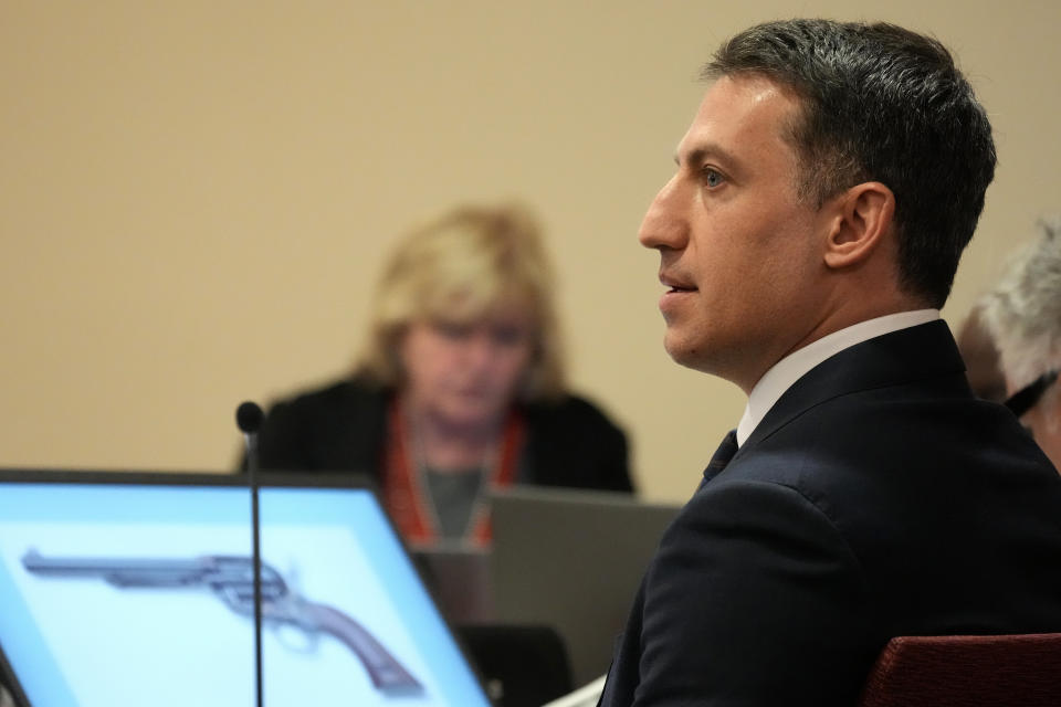 Attorney Alex Spiro listen during actor Alec Baldwin's involuntary manslaughter trial over a fatal shooting on the set of the film, "Rust," in District Court, in Santa Fe, N.M., Wednesday, July 10, 2024. (AP Photo/Ross D. Franklin, Pool)