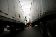 Trailers are queued for border customs control at Zaragoza-Ysleta border crossing bridge, in Ciudad Juarez