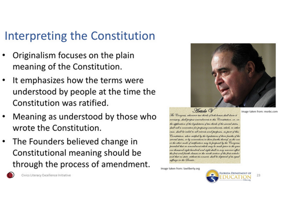 This is one of the slides shown during the Florida Department of Education’s training series for civics and government teachers. The photo is of late Supreme Court Justice Antonin Scalia.