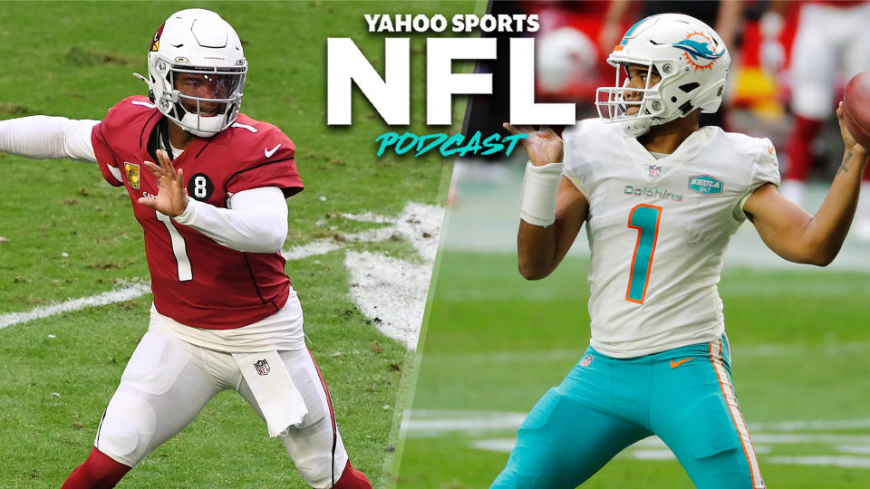 Sunday's 31-34 shootout between the Arizona Cardinals & Miami Dolphins showed the immense promise of the teams' young quarterbacks, Kyler Murray (L) and Tua Tagovailoa (R). (Photos L to R by Norm Hall/Chris Coduto/Getty Images)