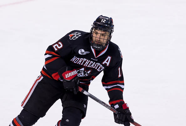 BOSTON, MA – FEBRUARY 6: Zach Aston-Reese #12 of the Northeastern Huskies skates against the Harvard Crimson during NCAA hockey in the semifinals of the annual Beanpot Hockey Tournament at TD Garden on February 6, 2017 in Boston, Massachusetts. The Crimson won 4-3. (Photo by Richard T Gagnon/Getty Images)