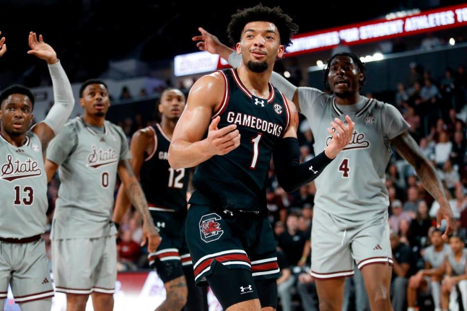 South Carolina Gamecocks guard Jacobi Wright (1) reacts during the first half against the Mississippi State Bulldogs at Humphrey Coliseum.