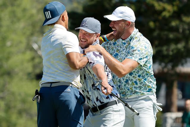 <p>Isaiah Vazquez/Clarkson Creative/Getty Images</p> Patrick Mahomes, Justin Timberlake and Travis Kelce in July 2022