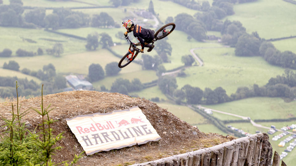  Jackson Goldstone does a whip over a jump at red bull hardline 