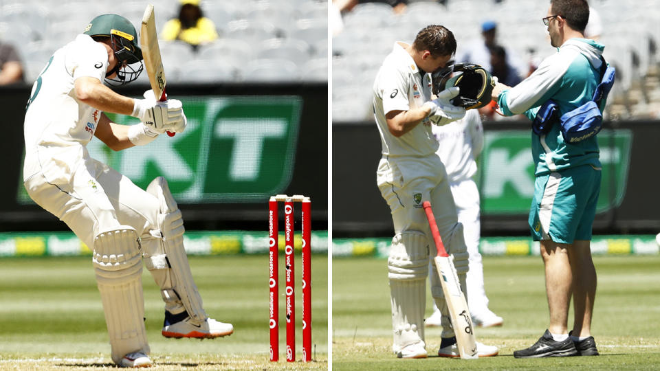 Marnus Labuschagne was hit heavily on the helmet by a Mohammed Siraj bouncer, but was able to carry on after the knock. Pictures: Getty Images