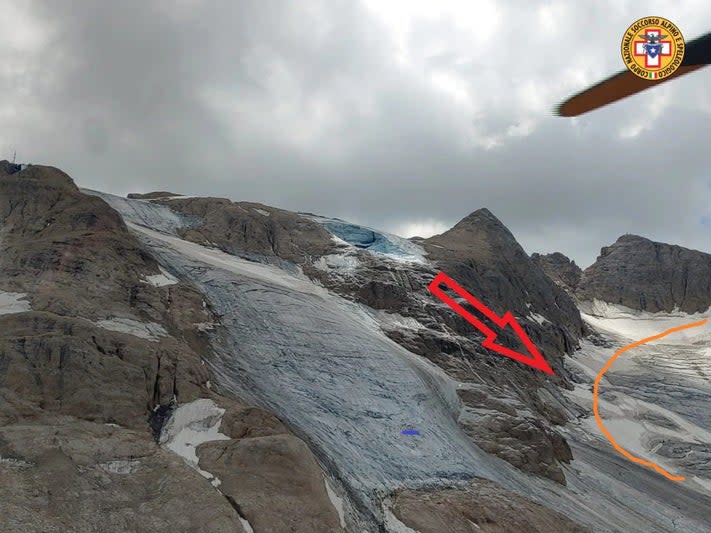 The Marmolada Glacier and regular climbing route.