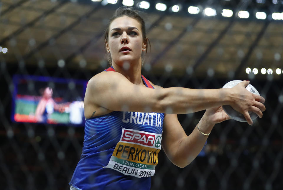 Croatia's Sandra Perkovic makes an attempt in the women's discus throw final at the European Athletics Championships at the Olympic stadium in Berlin, Germany, Saturday, Aug. 11, 2018. (AP Photo/Matthias Schrader)