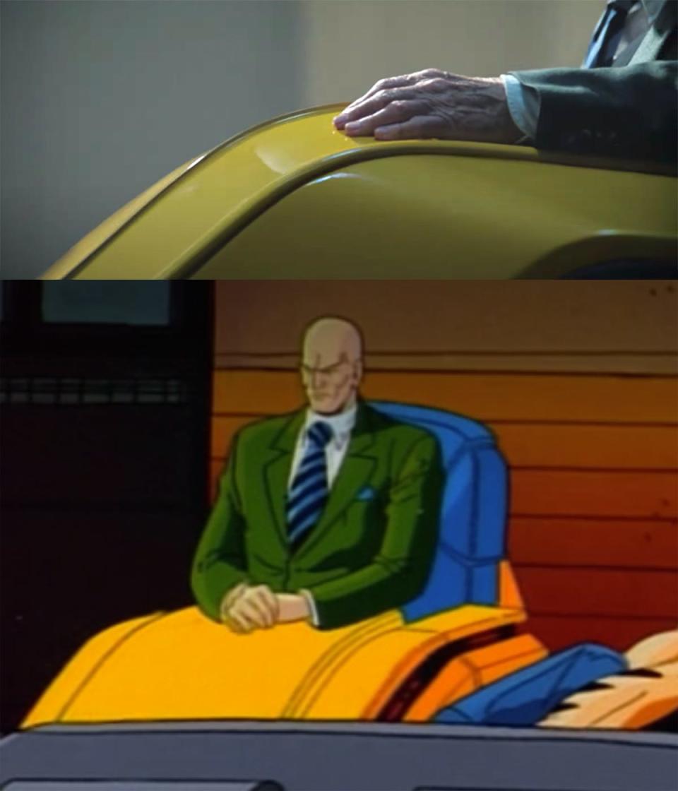 In the top image: Charles Xavier's hand resting on a hovering wheelchair in "Doctor Strange in the Multiverse of Madness." In the bottom image: Charles Xavier sitting in his hoverchair in the animated "X-Men" series from the '90s.