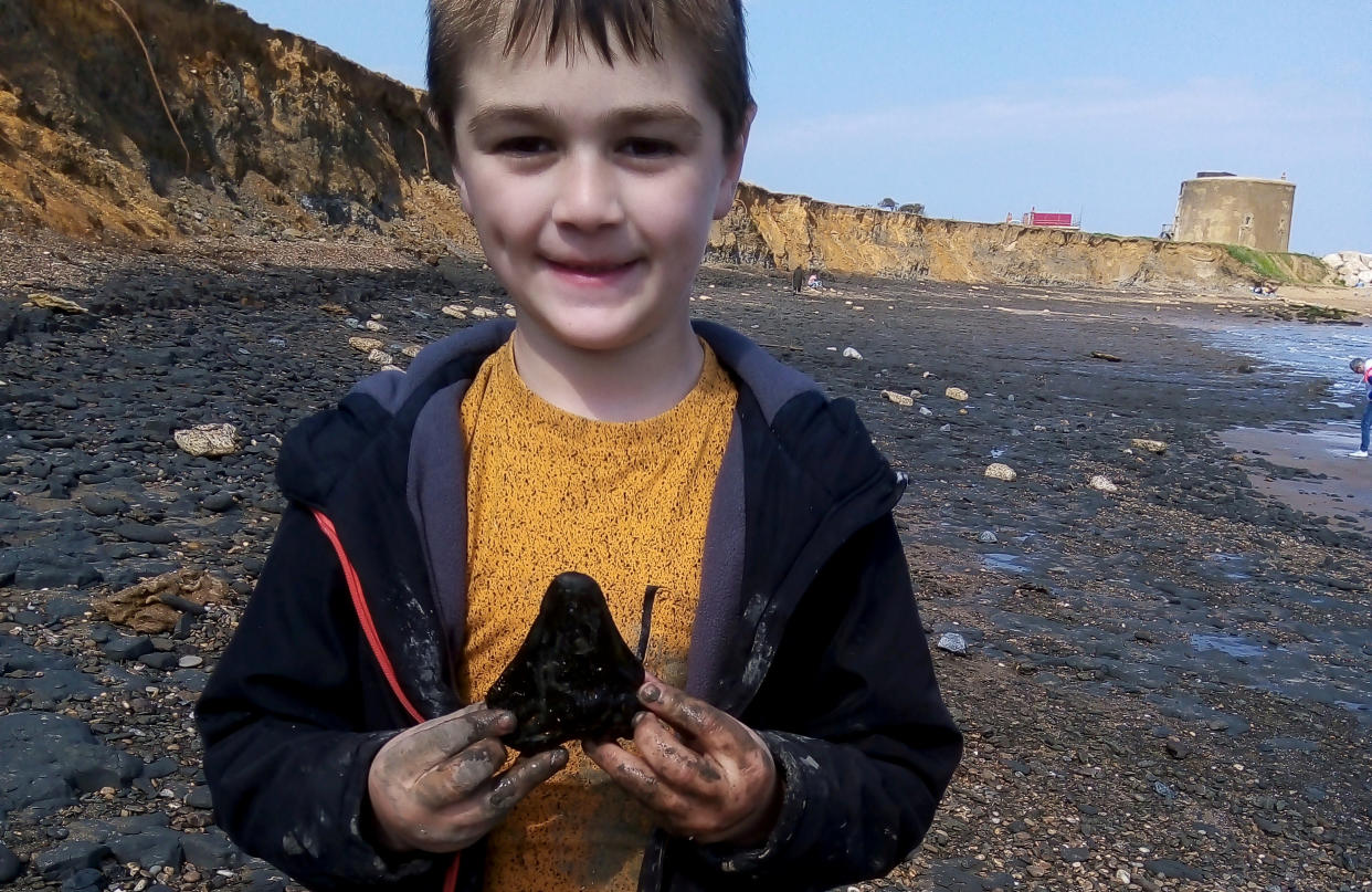 Sammy Shelton with the three million-year-old megalodon tooth.  See SWNS story SWCAmegalodon. A schoolboy has found a three million-year-old megalodon tooth while looking for shells on a British beach. Sammy Shelton, six, has blown away classmates by taking the ancient fossil in for a show and tell presentation.  The four-inch tooth belonged to the terrifying 60-foot-long megalodon shark - a prehistoric predator specialising in killing whales. Sammy is now sleeping with the fossil next to his bed after making the 