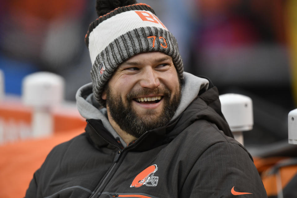 FILE - Cleveland Browns offensive tackle Joe Thomas sits on the bench during an NFL football game between the Cleveland Browns and the Green Bay Packers, Sunday, Dec. 10, 2017, in Cleveland. Thomas is one of five first-year eligible players among 28 modern day semifinalists for the Pro Football Hall of Fame’s class of 2023. (AP Photo/David Richard/File)